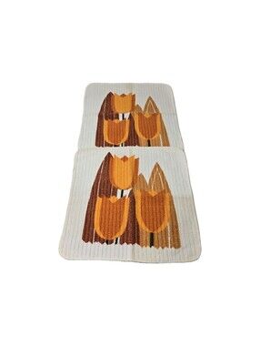 RARE Vintage Mid Century Tulip Kitchen Towel Washcloths Retro 1970s Set Of 2